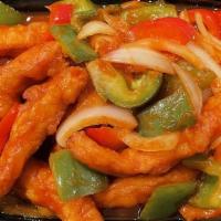 Cleopatra Chicken · Spicy. Golden fried white meat chicken with bell pepper and onions in Chef's spicy ginger, s...