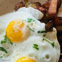 Bacon, Onion, & Potato Hash · 2 cage free eggs, oregano, parmesan