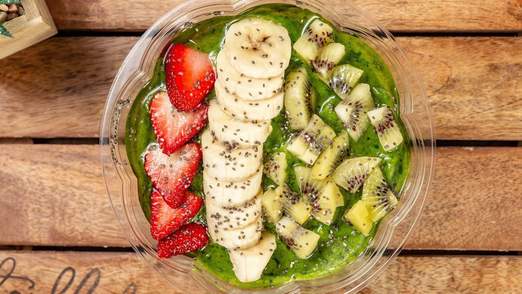 Avocado Kale Bowl · Topped with kiwi, strawberries, chia seeds, banana, agave nectar.