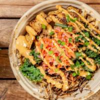 Korean Bibimbap · Vega. Sprouts, fried rice bowl with spicy cauliflower, shitake mushrooms, pickled veggies, k...