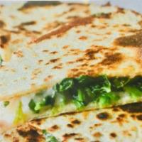 Cheese And Spinach Quesadillas · Tender baby spinach and shredded cheese. Side of white rice, black beans and sour cream.
