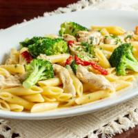 Pollo Alla Guardia · Chicken breast, broccoli, and sun-dried tomatoes tossed with penne pasta in a spicy garlic a...
