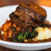 Slow Braised Beef Short Rib · Wood fired vegetables, mashed potatoes and pan gravy