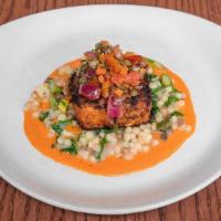 Wood-Grilled Salmon · fregola, roasted vegetables, tomato, caper & charred red onion relish, swiss chard, red pepp...