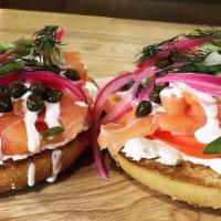 Bagels & Lox · Nova Lox. Everything Bagel, Tomato, Red Onion, Capers, Dill, Cream Cheese