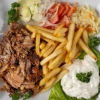 Lamb Gyro Platter · With tzatziki, lettuce, onion, tomato and French fries.