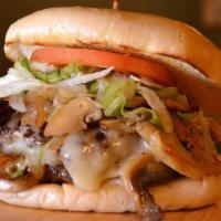 Mushroom Swiss Burger · comes with 1 burger patty on a white bun with Swiss cheese, grilled onions and mushrooms, le...