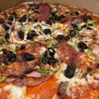 Blazzin Supreme · Onions, green peppers, pepperoni, Canadian bacon, mushrooms, olives, beef, sausage, salami, ...