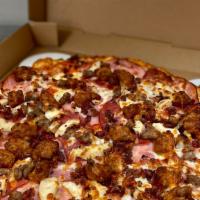 Meat Market · Pepperoni, Canadian bacon, salami, sausage, beef, bacon, chicken and extra cheese.