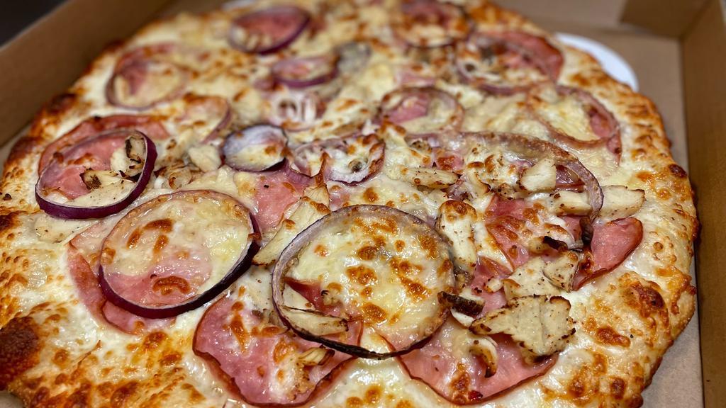 Chicken Bacon Ranch: · Chicken, bacon, onions, extra cheese, with ranch sauce.