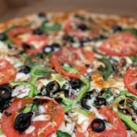 Veggie Delight · Red onions, green peppers, mushrooms, olives, spinach, tomato and extra cheese.
