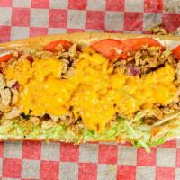 Chicken Philly · Chicken, mayo, lettuce, tomato, grilled onions, American, provolone cheese.
