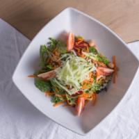 Elmas Salad · Mixed greens, mixed bell peppers, tomatoes, cucumbers, whole chickpeas, shredded carrots, an...