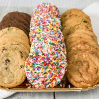 3 Dozen Assorted W/ Frosted Sprinkles Tray · Tray includes: 2 dozen 3-inch assorted cookies , plus 1 dozen 3-inch sugar cookie frosted wh...
