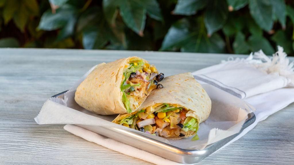 Southwest Wrap · Grilled chicken, tortilla strips, chipotle mayo, lettuce, tomato, black beans, corn, shredded cheese, red onion and southwest dressing.