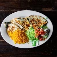 Spinach Quesadilla · Spinach and cheese layered between two grilled flour tortillas. Served with rice, sour cream...