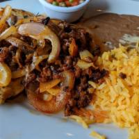 New! Chori-Pollo · Grilled chicken breast topped with chorizo sauteed in onions. Side of rice and beans.