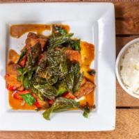 Crispy Pork Kaprow · Crispy Pork belly with green peppers, red bell peppers, in garlic chili basil sauce