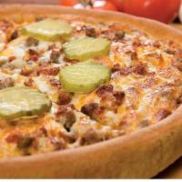 Bacon Cheeseburger Specialty Pizza · Loaded with seasoned beef, diced onions, cheddar cheese, and mozzarella cheese, topped with ...