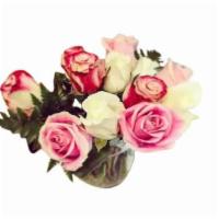 Multi Rose Bowl · Light Pink two-tone and white shades of roses arranged in a bowl with filler.