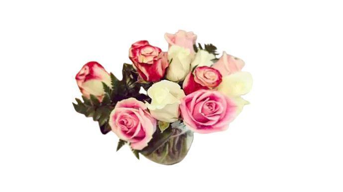 Multi Rose Bowl · Light Pink two-tone and white shades of roses arranged in a bowl with filler.