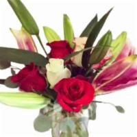 Rose & Lily Bowl · White and red roses in a bowl with stargazer lilies.