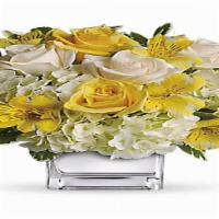 Bright Yellow And White · Yellow roses, cream white roses and white hydrangeas designed in a glass cube.