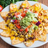 Nachos · Twelve large corn tortilla chips topped with beef or chicken
fajita, beans, cheese, guacamol...