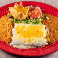 Sour Cream Enchiladas · Three shredded chicken enchiladas covered in a sour cream
sauce. Served with rice, beans & a...