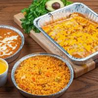 Enchilada Family Pack! · One Dozen Cheese, Ground Beef or Chicken enchiladas. 
Served with Rice, Refried Beans & a la...