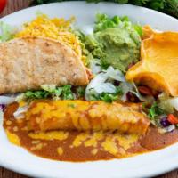 El Sabino · 1 crispy ground beef taco, 1 chicken or cheese enchilada and a cheese puff. Served with guac...
