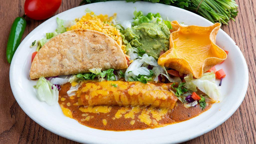 El Sabino · 1 crispy ground beef taco, 1 chicken or cheese enchilada and a cheese puff. Served with guacamole.