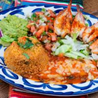 Tampiqueña Mar · 5 marinated jumbo shrimp and one cheese enchilada. Served with rice, charro beans, guacamole...