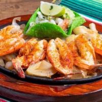 Fajita Camaron · 6 grilled jumbo shrimp seasoned to perfection! Served with charro beans, rice, guacamole, to...