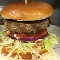 Lamb Burger · 1/2 lb ground lamb patty infused with herbs flame grilled served on a toasted bun with lettu...