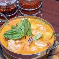 Shrimp Pineapple Red Curry · Shrimp cooked with coconut milk, red curry paste, pineapple, tomato, bell pepper, eggplant, ...