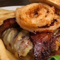 Sticky Burger · 10 oz. Burger w/ Scunny’s Sticky sauce, crispy onions, bacon, cheddar & gouda cheese