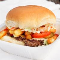 Yalla Special Burger · All-natural ground beef, tomatoes, coleslaw, French fries, cheese, ketchup all topped with a...