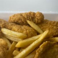 5 Crispy Chicken Tenders · Comes with fries or tater tots. Choice of two sauces BBQ, Ranch, Buffalo hot, blue cheese.