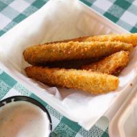 Fried Pickles · Pickle spears hand battered and fried served with your choice of our housemate sauces.