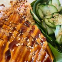 Seared Salmon Bowl · Rice bowl or salad bowl salmon sashimi, dyno sauce, torched, sweet soy sauce, crab mix, cucu...