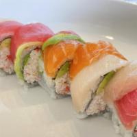 Rainbow Roll · Cali roll, topped fresh fish.