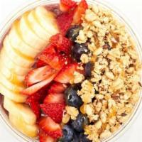 Druid Bowl · Base: acai, banana, almond milk. Toppings: banana, blueberry, strawberry, granola, honey.