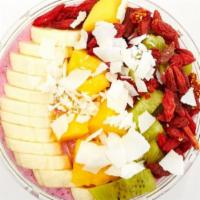 Clifton Bowl · Base: pitaya, banana, pineapple, almond milk. Toppings: banana, mango, kiwi, goji berries, s...