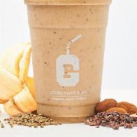 Peabody Smoothie · Banana, almond butter, cacao plant-based protein, hemp seeds, maca, almond milk.