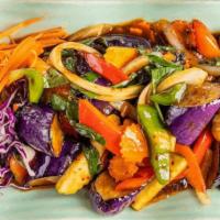Eggplant Jay · Stir fried eggplant, mushroom, carrot, zucchini, onion, bell pepper and basil in chili sauce.