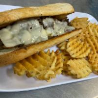 Beef Philly · Sliced beef, peppers and onion blend, mushrooms, and Swiss cheese on a hoagie bun. Served wi...