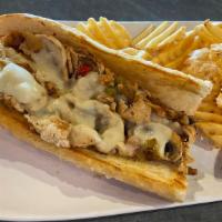Chicken Philly · Sliced chicken, peppers and onion blend, mushrooms, and Swiss cheese on a hoagie bun. For ex...