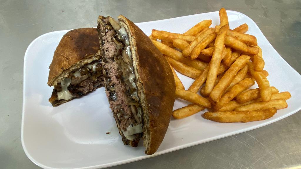 Patty Melt · Sautéed thyme mushrooms and onions with Swiss cheese served on marble rye.