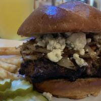 Black & Bleu Burger · Sautéed thyme mushrooms and onions, topped with blackened seasoning and bleu cheese crumbles...